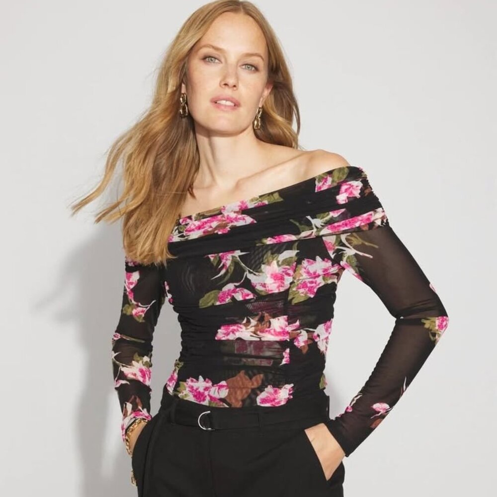 GORGEOUS WHITE HOUSE BLACK MARKET Off-The-Shoulder Mesh Top In Penny Bloom Peony